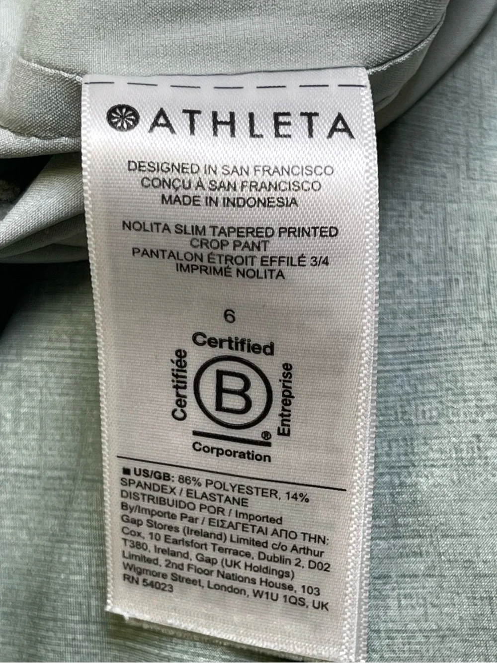 Athleta Nolita Slim Tapered Sage Green Printed Crop Pants - Size 6